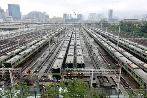 High angle view of Yamanote Line trains lined up at Tokyo General Rolling Stock Center in Oimachi