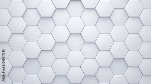 Abstract white hexagon pattern with soft shadows and glowing blue lines for modern tech background