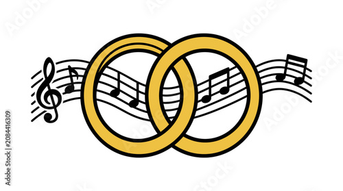 Interconnected wedding rings with musical notes.