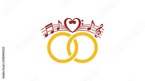 Intertwined wedding rings with music and heart.