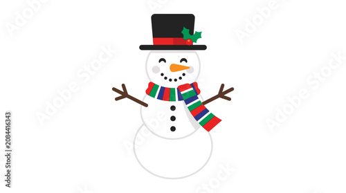 A cheerful snowman in winter clothing.