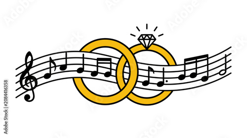 Music notes and wedding rings with diamond.