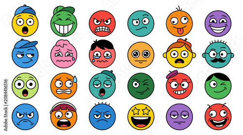 A collection of various colorful cartoon faces.