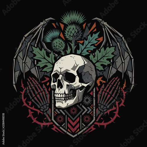 Tablou pe pânză Stylized skull emblem with wings and thistles on a dark background