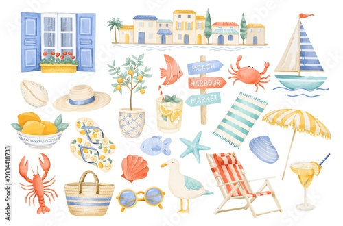 Mediterranean summer coast clipart set with seaside vacation elements, watercolor style