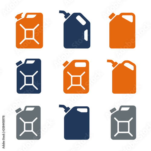 Foto Vector icons of fuel canisters in orange, blue and grey