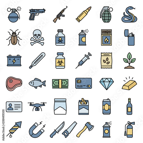 Photos A set of flat icons representing prohibited and dangerous items