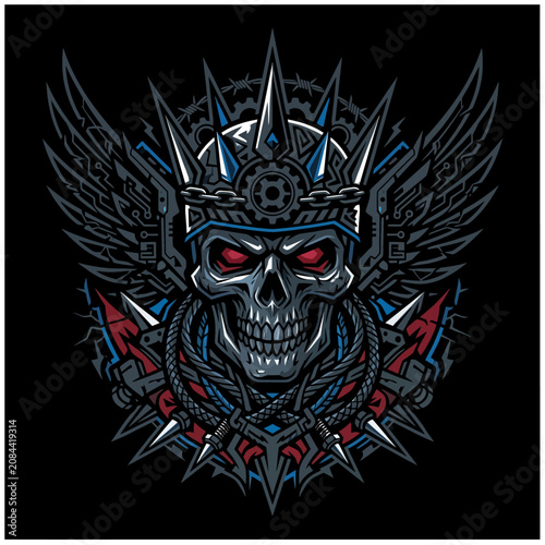 Принти на полотні A menacing skull with a spiked crown and mechanical wings