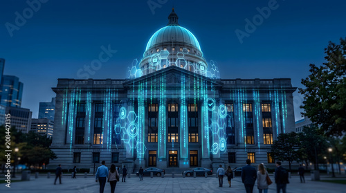 Cybersecurity, Government. Cybersecurity Fortress A government building glows with streams of data, symbolizing the modern technology and robust