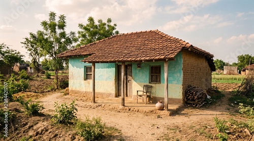 Traditional rural indian village house with clay tile roof, painted walls, wooden porch, and firewood stack in countryside
