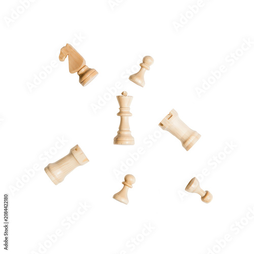 Wooden chess pieces flying in air on transparent background