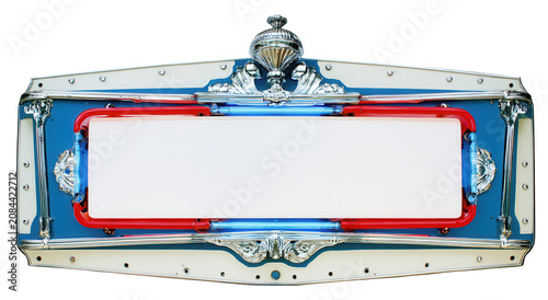A blue and silver decorative sign with a red border on transparent background