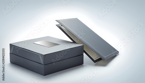 Two grey boxes, one open and one closed, on a white background, showcasing packaging design and product display.