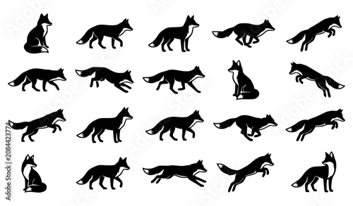 Quadro su tela Set of fox silhouettes in different poses, running, sitting, and jumping