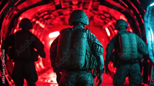 Military soldiers in tactical gear preparing for deployment in a dimly lit aircraft with red lighting