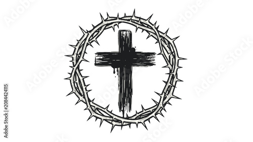Konstfotografi Christian Crown of Thorns with Grunge Cross Symbol on isolated white background