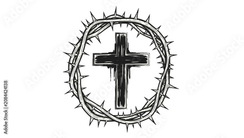 Foto Grunge Black Christian Cross with Crown of Thorns Symbol, Religious Sacrifice Ar