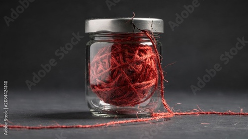 Red Thread Tangled in Glass Jar Still Life