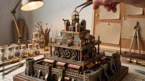 Hand using tweezers to assemble a miniature steampunk castle model