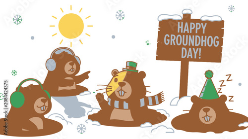 Happy Groundhog Day Celebration with Cute Groundhogs in Snow, Wearing Hats and Scarves, in bright studio