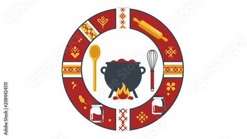 Rustic cooking pot with flames surrounded by kitchen utensils and spices in a decorative circular frame, representing culinary arts on an isolated white background.