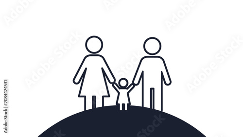 Simple outline icons of a loving family (mother, father, and child) holding hands, standing together on a hill, representing unity on an isolated white background.