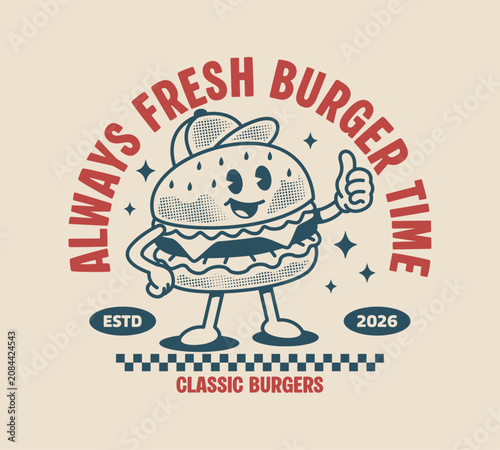 Cute retro burger mascot cartoon character. Vintage hand drawn vector illustration for t shirt, sticker, logo, restaurant branding, posters, and merchandise