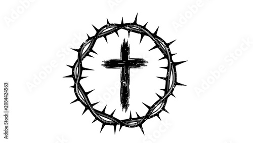 Gritty Ash Wednesday cross with a symbolic crown of thorns, representing Lenten reflection and sacrifice on an isolated white background.