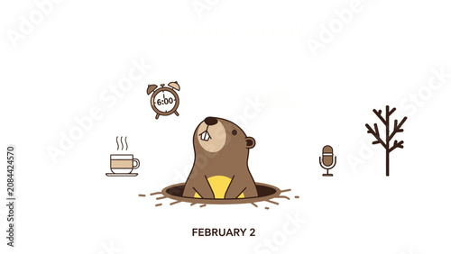 Bilde på lerret Humorous groundhog emerging from its burrow with coffee and an alarm clock on February 2nd, anticipating its weather prediction in a bright outdoor scene