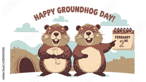 Two cheerful groundhogs celebrating Happy Groundhog Day with a February 2nd calendar and burrow in a bright outdoor scene.