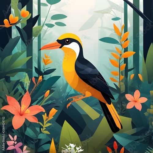 Colorful tropical bird perched amidst lush exotic jungle foliage and vibrant flowers in a serene rainforest setting