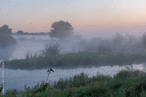 Fotografía a tranquil river landscape at dawn, where thick white fog blankets the water and