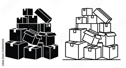 Stacked Cardboard Boxes Black And White Vector Illustration