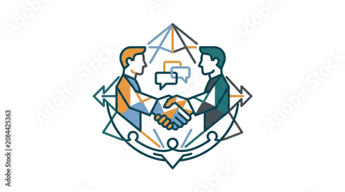 Two businessmen shaking hands in a modern geometric frame with speech bubbles above.