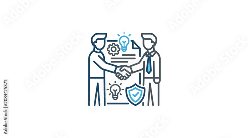 Two businessmen shaking hands over a contract with lightbulbs and shield icons symbolizing agreement and security.