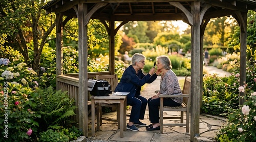 Senior woman receiving medical eye exam in garden gazebo at sunset
