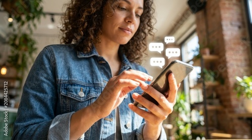 Woman using smartphone with chat bubble icons