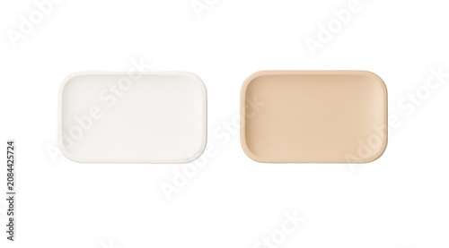 Two square plates, one white and one beige, on transparent background