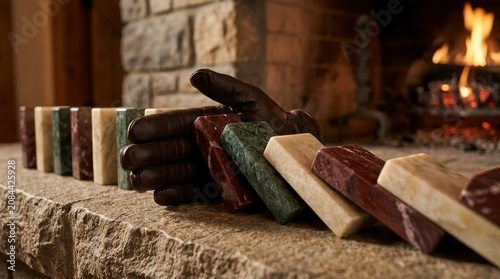 Gloved hand stopping marble dominoes