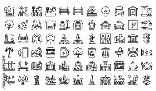 Premium City Infrastructure and Public Places Icon Set, Minimalist Urban Transport and Landmark Vector Collection