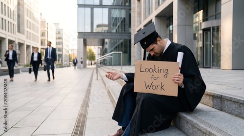 Fototapeta kuchenna Sad university graduate in cap and gown sitting on corporate building stairs holding a looking for work sign