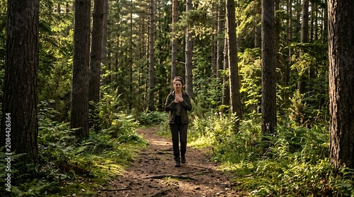 Woman practicing mindfulness while walking through a sunlit forest