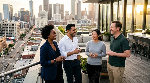 Diverse colleagues socializing on a rooftop terrace during sunset