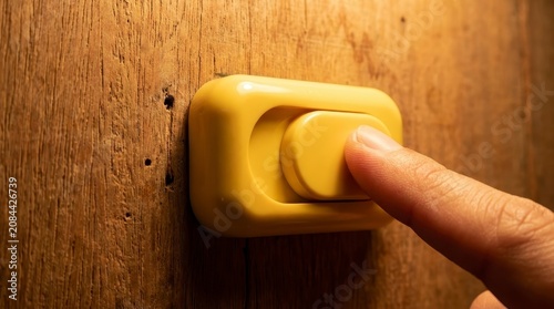 Finger pressing a yellow light switch on wooden wall