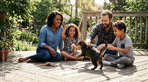 Happy multiracial family playing with their pet cat outdoors