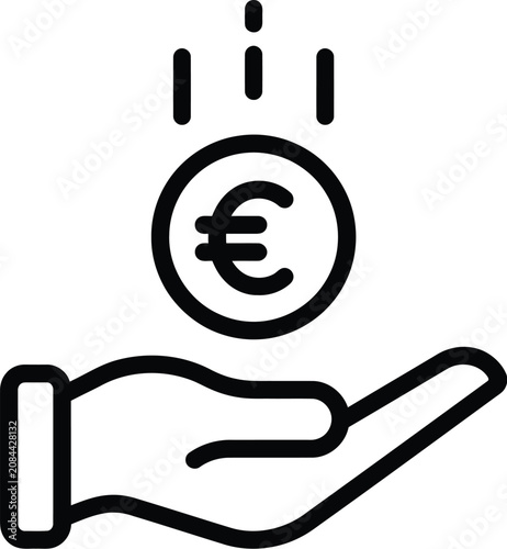 Euro coin drops into an open human hand representing financial gain and savings management.