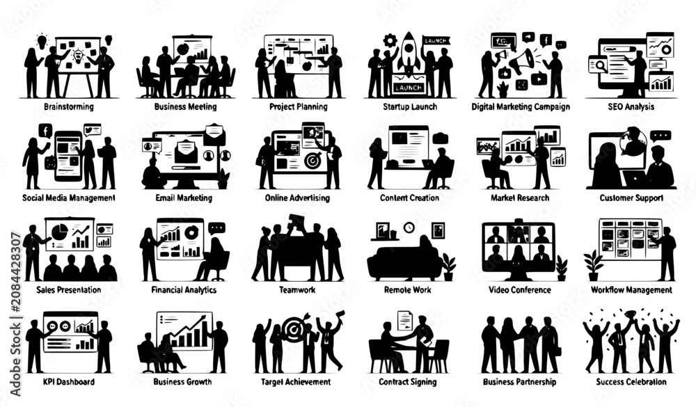 Fototapeta premium Business Marketing Illustration Mega Set with Teamwork Strategy Analytics and Office Scenes