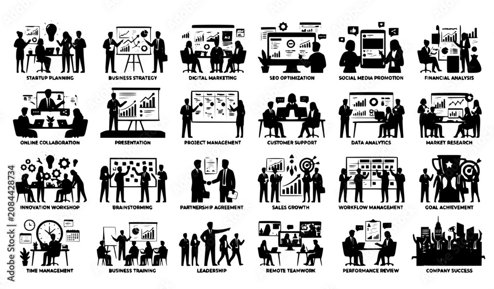 Obraz premium Modern Business Activity Illustration Collection with Office Team Marketing and Corporate Workflow Scenes