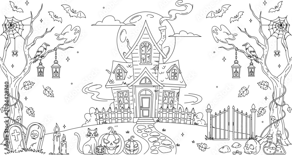 Naklejka premium Halloween Haunted House Line Art Vector with Graveyard, Black Cat, Pumpkin, Raven, and Bare Trees for Spooky October Designs