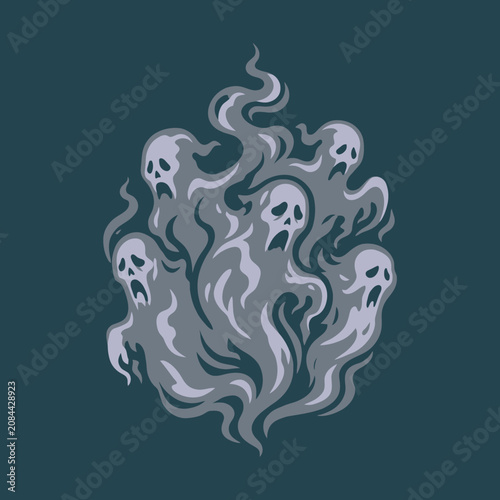 Tableau sur toile Spooky cartoon ghosts rise like smoke on a dark background